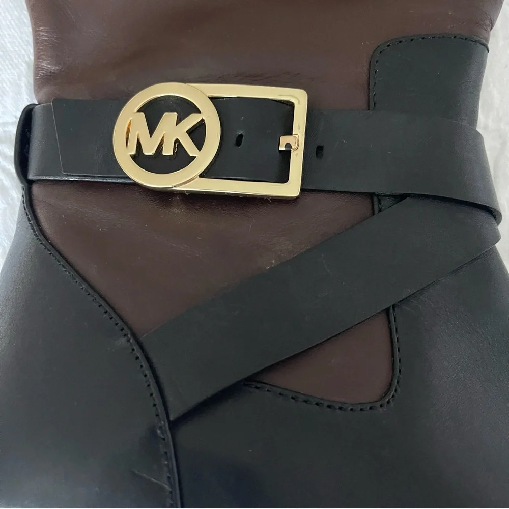 Michael Kors Black and Brown Leather Knee Boots with Gold hardware. Size 6
